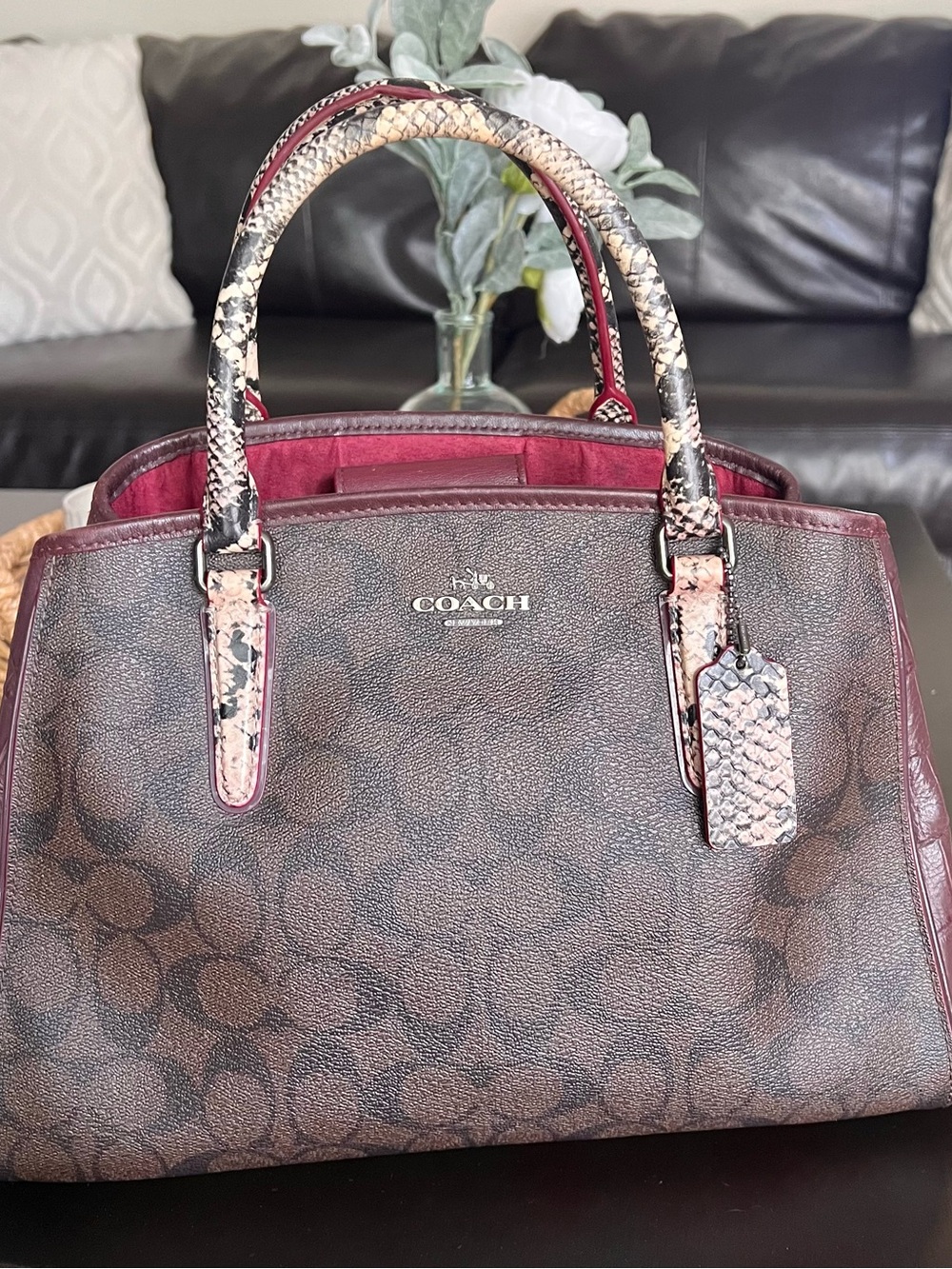 COACH MARGOT Embossed Snake Leather Signature Satchel Dark Brown/Burgundy - Picture 4 of 16